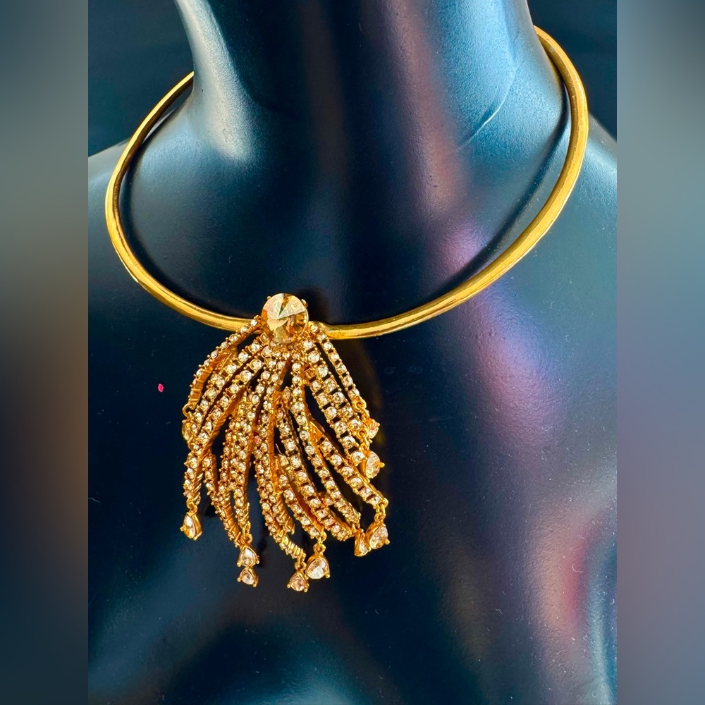 Oscar de la Renta Gold Rhinestone Waterfall Statement Necklace